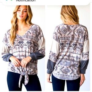 NEW Aztec Ruffled Sleeve Self Tie Front Top